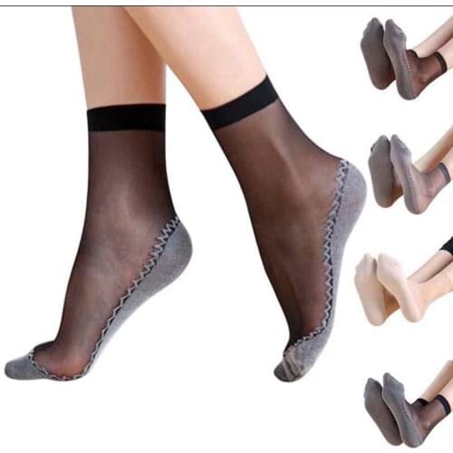 5Pairs Women Splice Anti-skid Socks Spring Thin Silk Summer Transparent Ladies Ankle Socks