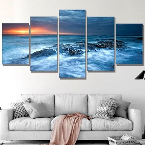 Unframed HD 5 Pcs Combined Sunset Seascape Painting For Living Room Decoration Wall Art Canvas Oil Painting Home Decor Poster