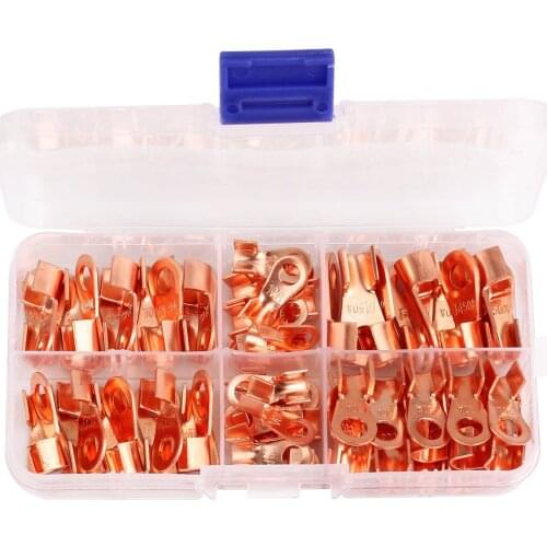 70 pcs Open Barrel Copper Ring Lug Terminals Wire Crimp Connector Assortment Kit OT-10A/20A/30A/40A/50A