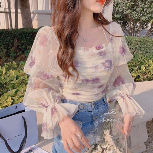 Summer Floral Chiffon Blouse Women Elegant Kawaii Korean Chic Sweet Blouse Designer Casual Puff Sleeve Outdoor Slim Blouse 2021