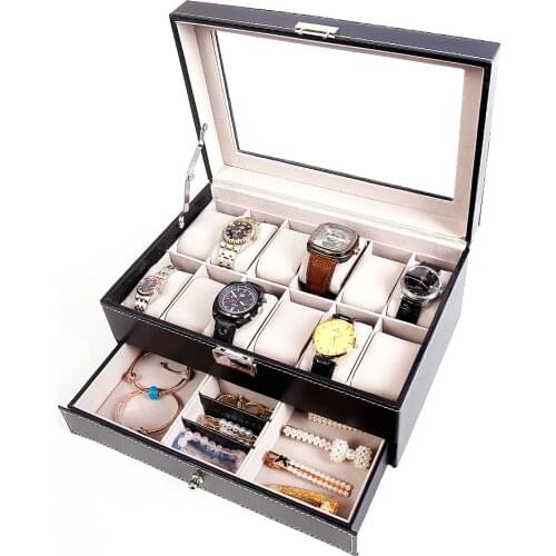 Large Double-Layer Leather Watch Storage Box Organizer New Mens Watch Display Holder Cases Black Jewelry Gift Boxes Case