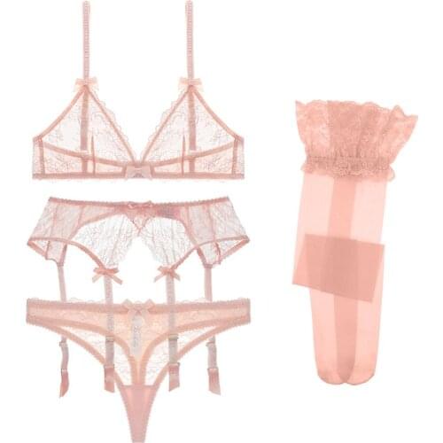 CYHWR new arrival sexy lace wire free transparent deep V bra top bra+thongs+garters+stockings 4 pcs