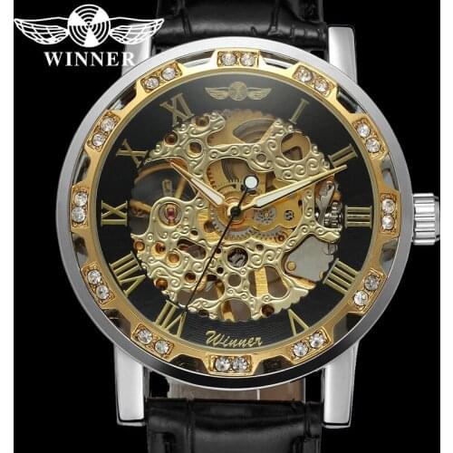WINNER Hand Wind Mechanical Men Wristwatch Military Sport Male Clock Top Brand Luxury Skeleton Hollow Leather New Man Watch 8012