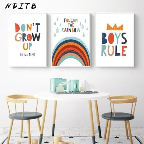 Boys Rule Rainbow Nursery Quotes Child Poster and Print Canvas Wall Art Picture Minimalist Painting Nordic Kids Room Decoration
