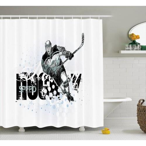 Hockey Shower Curtain Grunge Sketch Art of a Professional Player Silhouette and Text with Dots Waterproof Bath Curtains