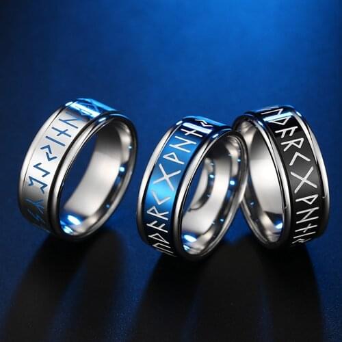Simple Luminous Viking Script Spinner Rings for Men Birthday Gift Blue Stainless Steel Jewelry Anillos 8mm parures bijoux Male