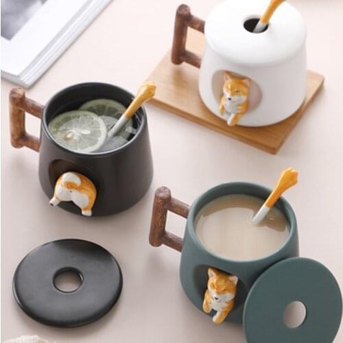 420Ml Cute Cartoon Shiba Inu Mug Ceramic Coffee Mugs Tea Cup with Lid Spoon Large Capacity Drinkware Water Cup Couple Gift