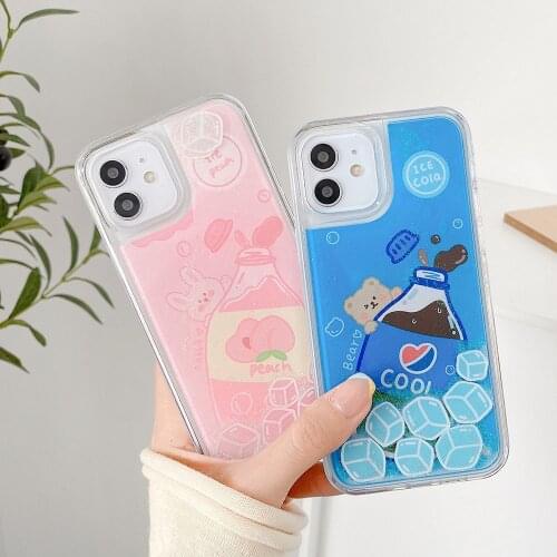 Cute Bear Peach cola Shell Glitter Phone Cases For iPhone 12 Pro Max Xs 7 8 Plus 11 Xr X SE Dynamic Liquid Quicksand Cover Case