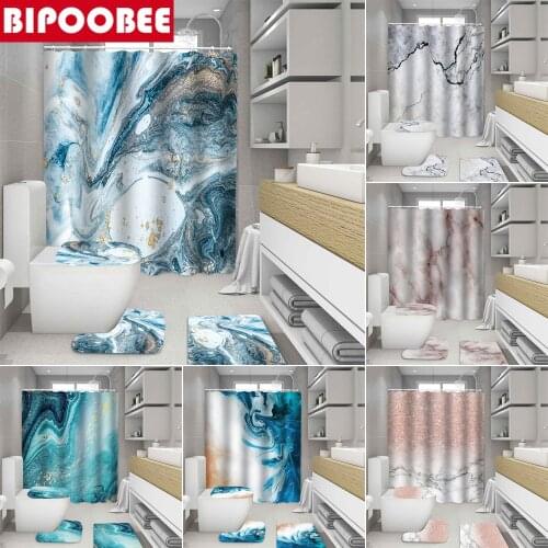 Marble Striped Shower Curtain 3D Art Geometric Non-slip Bathroom Rug Toilet Cover Bath Mat Waterproof Fabric Bathtub Curtains