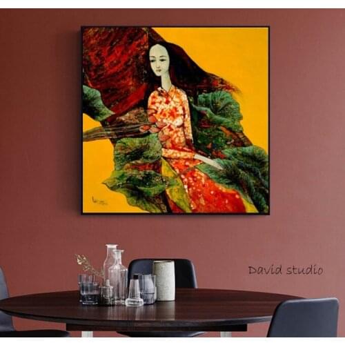 Hand Pained Knife Painting Abstract Art Lotus Boat in Vietnamese Art for Room Wall Decoration