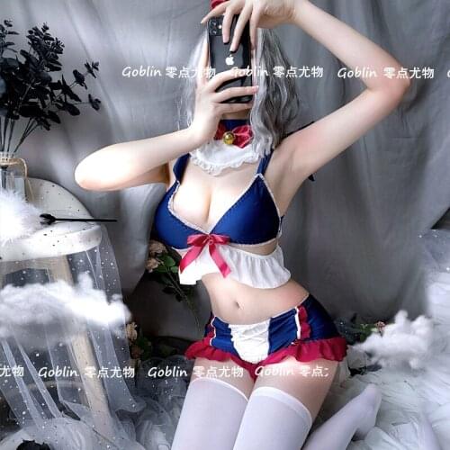 Sexy Chiffon Lace Rabbit Lingerie Maid Cosplay Costumes Bra Set Hot Underwear with Cute Blue Transperant Mesh Fabric Pajamas Set