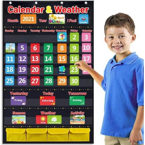 School Educational Chart Classroom Calendar Pocket Chart Wall Weather Children Kids Chart Poster With 114 Cards Teaching Supply
