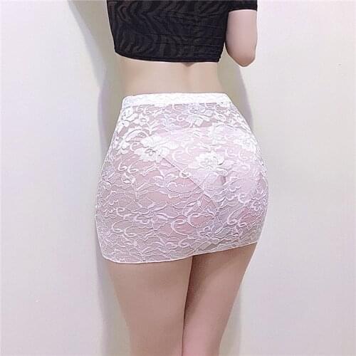 Women See Through Sexy Nightclub Micro Mini Hip Skirt Female Transparent Hollow Neat Buttocks Lace Porn Allure Ultrashort Skirts