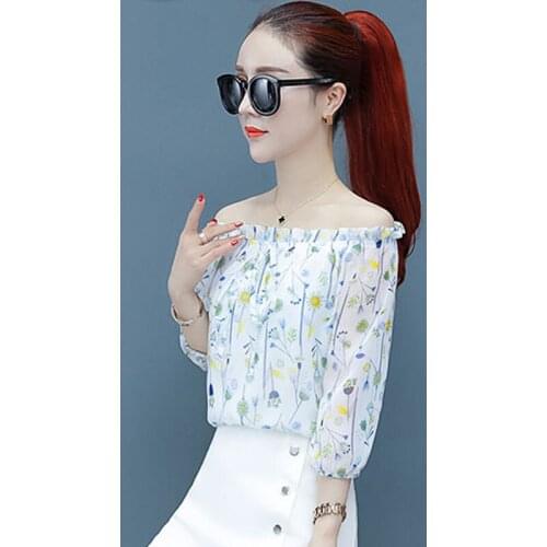 Off Shoulder Women Summer Chiffon Blouses Shirts Lady Casual Half Lantern Sleeve Slash Neck Flower Printed Blusas Tops DF2927