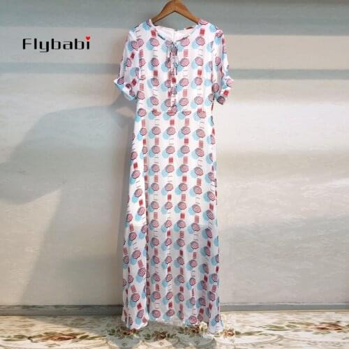 S to XXL Large size High quality 2019 summer print O-Neck Bow tie full sleeve Mid-Calf Elegant beach holiday dress women