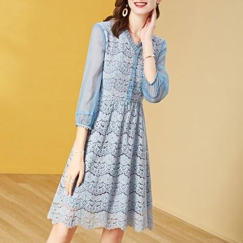 Lace dress women elegant Fashion Sky Blue Patchwork Hollow Out Party Knee Dresses For Summer Lace Up French Vestidos 2021