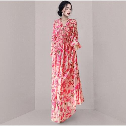 2021 New Vintage Elegant Women Floral Print Bohemian Long Dress Elastic High Waist Chiffon Casual Boho New Dress Vestidos Elbise