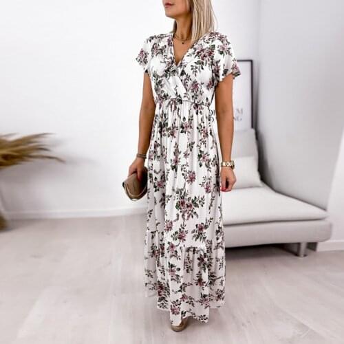 Simple New Flying Sleeve Print Dress Women Fashion V-neck Ruffled Female Loose Long Dresses Summer Boho Beach Sundress Chic 2021