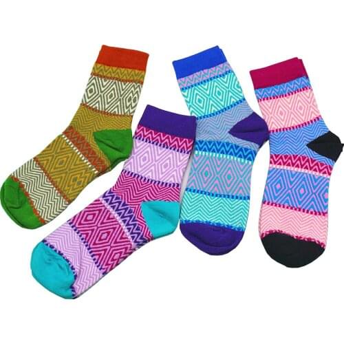 Winter Womens Warm Cotton Color Combination Striped Harajuku Retro Fashion Casual Socks 5 Pair