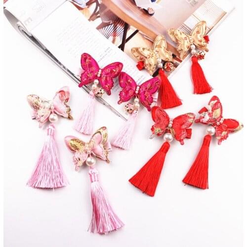 2pcs/lot butterfly tassel Hair Clips Red Hairband Head Band Happy New Year Hairpin Hand Made Rim Hair Accessories Hair Bows