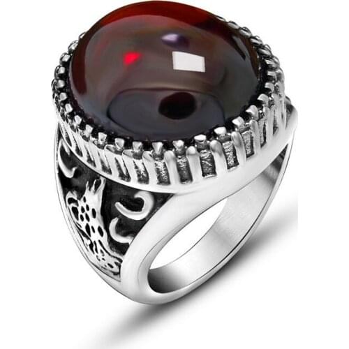 2021 New Fashion Vintage Design Black Red Stone Mens Ring Stainless Steel Punk Jewelry Big Stone Rings for Men Never Fade Gifts