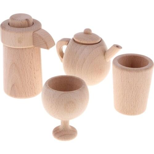 Kids Wood Tea Pot Cups Kettle Red Wine Glass Preschool Kitchen Pretend Play Toy