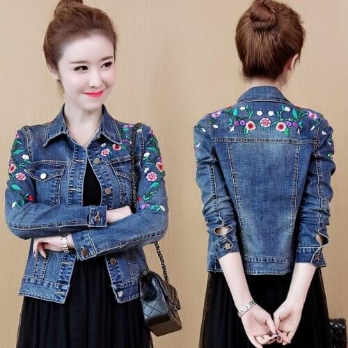 Denim Coats and Jackets Spring Women Embroidery Single Breasted Jean Jacket Female Slim Long Sleeve Cropped Jacket