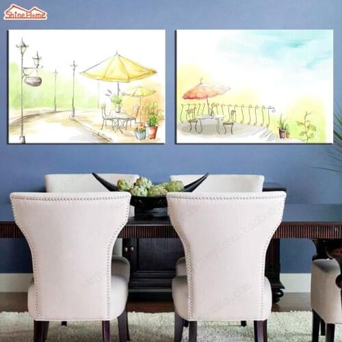 ShineHome-2 Panel Canvas Prints Painting Wall Art Drink Coffee Modern Cartoon Village Scenery Pictures for Cafe House Decoration
