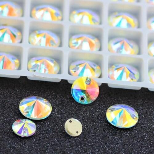 K9 Sew On #3200 AB Crystal Rivoli Sew On Stones Flatback 8 10 12 14 16 18 mm Round Sewing Glass Crystal Beads for dress jewelry