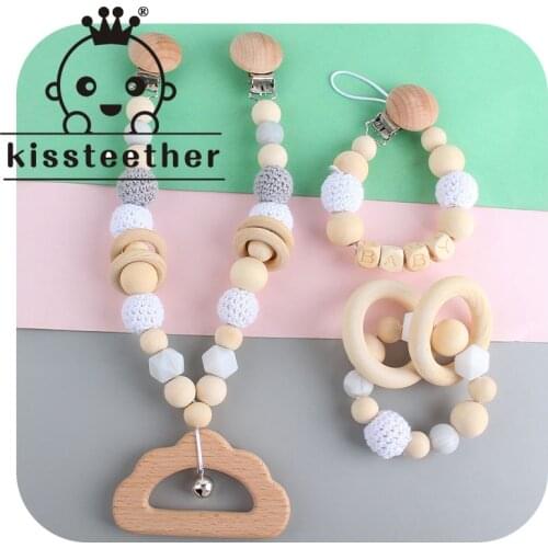 Kissteether 3Pcs/Set Baby Stroller Hanging Clip Pendant Mobile Rattle Wooden Ring Bracelet Teether Dummy Holder Pacifier Chain