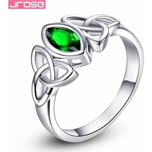 JROSE Engagement Party Green Cubic Zircon Celtic Knot Jewelry White Gold Color Ring Size 6 7 8 9 10 Anniversary Gifts For Lovers