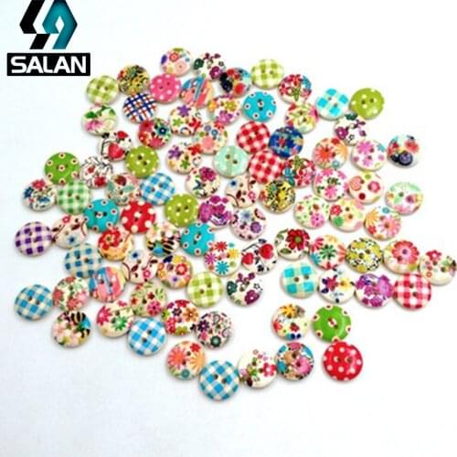 Spot Direct Cute Print Handmade Pastoral Wooden Wooden Button Cartoon Wood Round 2 Hole Button