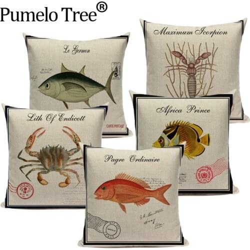 Ocean Style Throw Pillows Linen Marine Creature Cojines 45Cmx45Cm Fish shrimp Square Home Sofa Car Decorative Cushion Cover
