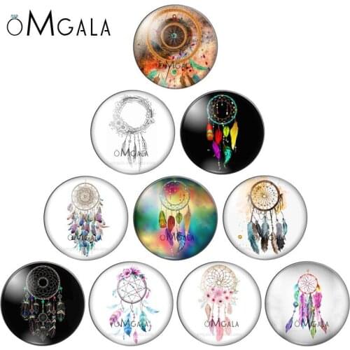 OMGALA 10pcs/lot Colorful Dream Catcher Feather 12mm/20mm/25mm Round Glass Cabochon Photo Demo Flat Back Making Findings