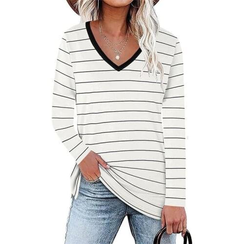 Casual Striped Womens T-shirt Long Sleeve Loose V-neck Chic Base T-shirt Casual Harajuku Style Qn