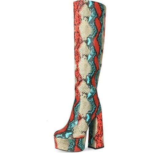 14.5Cm Thick Heel Women Leather Boots Waterproof High Platform Winter Boots Fashion Mixed Colors Snake Print Knee-High Boots