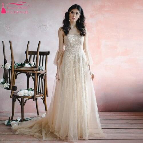 Champagne Boho Wedding Dresses Long Sleeve Lace A Line Bridal Gowns Classical Vetido De Noivas ZW396