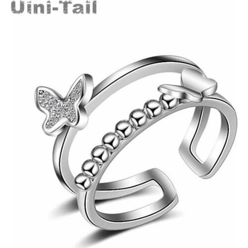 Uini-Tail hot new 925 sterling silver Korean fashion hypoallergenic double-layer butterfly open ring fashion trend wild dynamic
