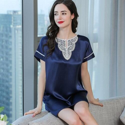 Women 100% Silk Nightdress Sexy Women Silk Lace Spring And Summer Lace Elegant Short SleeveNightgown
