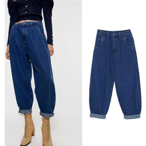 Obrix Trendy Pleated Decoration Loose Female Banana Jeans High Waist Casual Style Bohemian Autumn Spring Harem Pants For Women