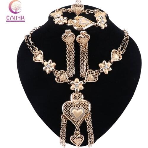 CYNTHIA African Beads Jewelry Sets Wedding Costume Women Party Gold Color Tassel Heart Shaped Necklace Bracelet Earrings Ring