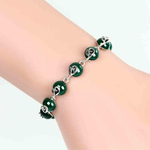 ZHJIASHUN Retro 100% 925 Sterling Silver Chalcedony Bracelets Retro Natural Round Gemstone Vintage Bracelet Jewelry For Women