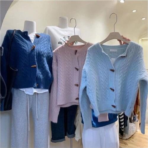 Spring Autumn Japan Style Striped Button O-Neck Regular Open Stitch Loose-fitting Women Aesthetic Pink Sweater Knitted Cardigan