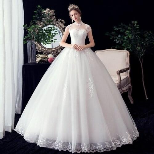 2020 Elegant Lace Wedding Dress Vestido De Noiva Fashion High Neck With Beaded Sleeve Bride Dress Floor-length Wedding Gowns