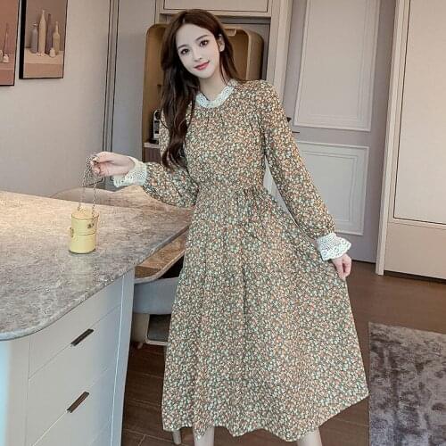 2020 New Autumn Floral Print Chiffon Dress Women Vintage Long Sleeve Thick Plush Bottoming Dress Slim Fit Korean Style Vestidos