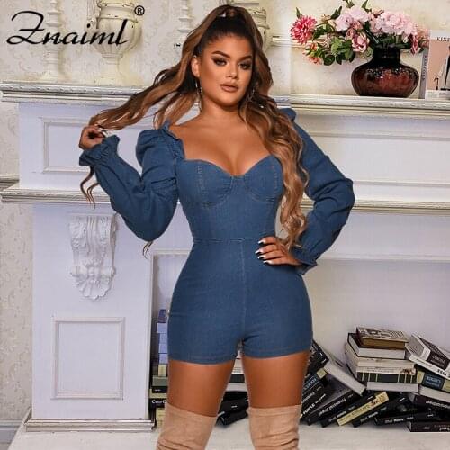 Znaiml Newest Spring long Sleeve Solid Backless Skinny Denim Playsuit Shorts Women Streetwear Vintage Casual Overalls Clothes