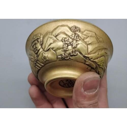 1pc Mini Brass Bowl Statue Miniature Antique Carved Snow mountain long march Bowl Ornament Decor Ornaments Craft Gifts Bronze