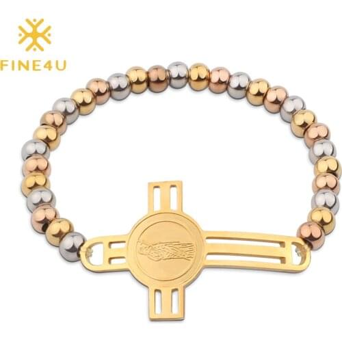 FINE4U B370 Mixed Color Cross Rosary 6MM Beaded Bracelet Stainless Steel Virgin Mary Bracelet for Christian Jewelry