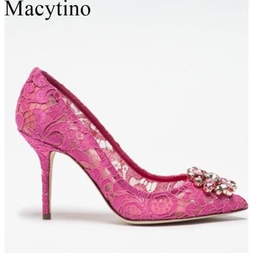 Elegant Lace High Heels Rose Red White Bridal Shoes Wedding Pumps Crystal Embellished Formal Dress Shoes Women