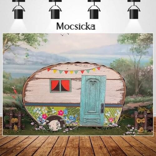 Gone Camping Spring Backdrops Green Door Woods Photography Background Newborn Child Birthday Portrait Backdrop Photo Studio